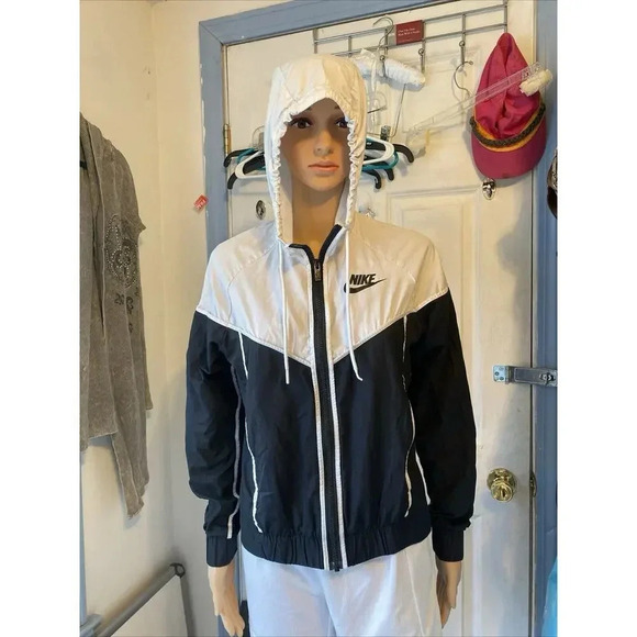 NIKE Womens XS Windrunner FullZip Jacket Hooded White Black Lightweight Pocket - Picture 9 of 10